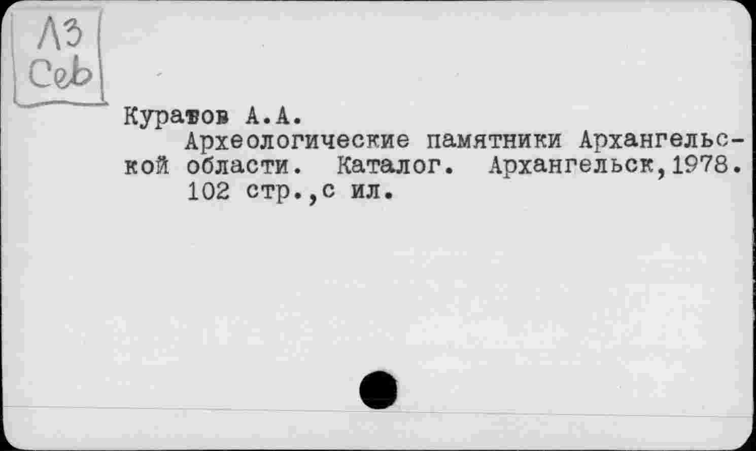 ﻿Куратов А.А.
Археологические памятники Архангельс кой области. Каталог. Архангельск,1978 102 стр.,с ил.